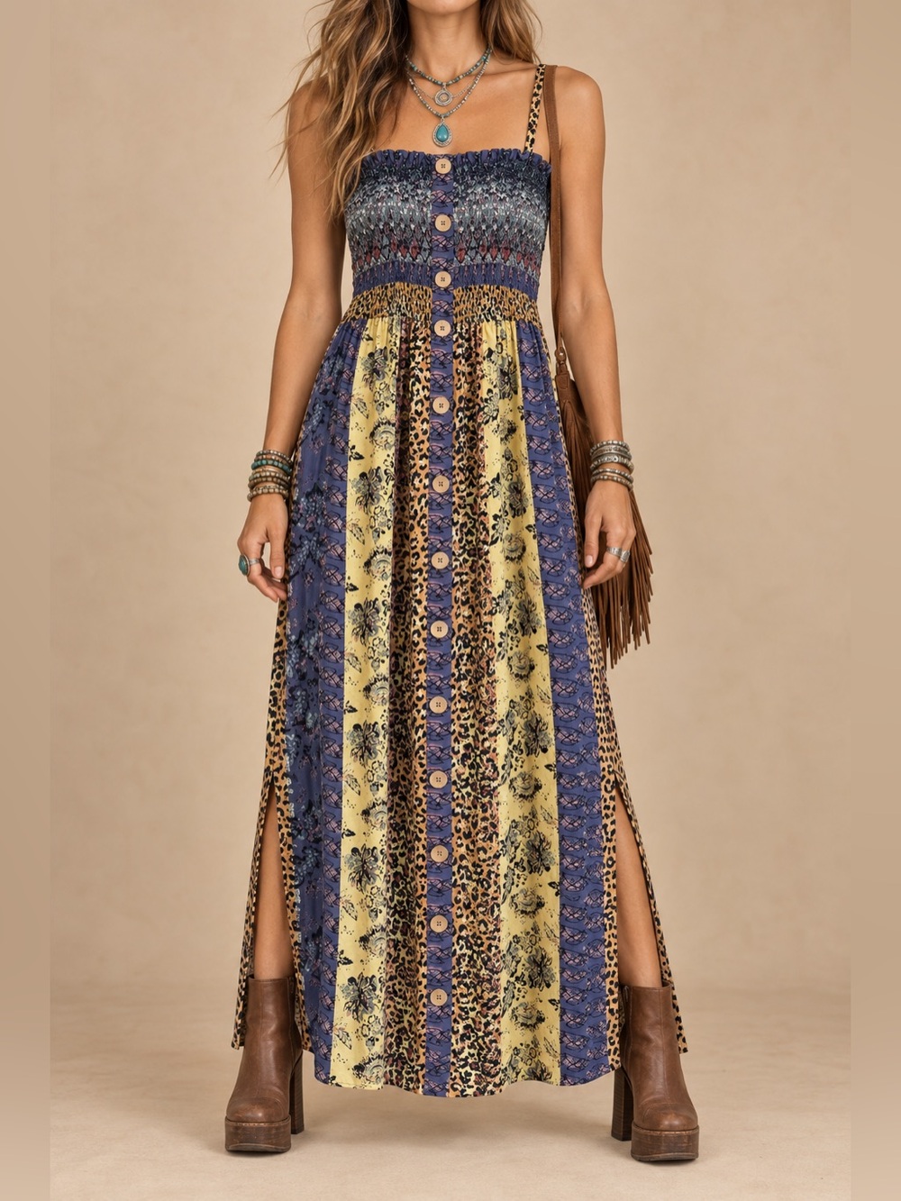 NWOT Vintage Angie Patchwork Animal Print Smocked Slit Maxi Dress S